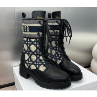 Dior Heel 4.5cm D-Major Ankle Boots in Black Calfskin with Deep Blue and Beige Embroidered Cannage Cotton 2024