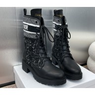Dior Heel 4.5cm D-Major Ankle Boots in Black Calfskin with Black and White Cannage Tweed 2024