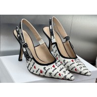 Dior Heel 9.5cm J'Adior Dioramour Slingback Pumps in White Cotton with Embroidered Black and Red Je Vous Adore Motif 2024