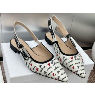 Dior J'Adior Dioramour Slingback Ballerina Flats in White Cotton with Embroidered Black and Red Je Vous Adore Motif 2024