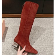 Miu Miu Crystal Heel Suede Leather High Boots Red 2024