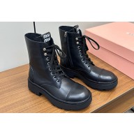 Miu Miu Lace-up Leather Ankle Boots Black 2024