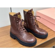 Miu Miu Lace-up Leather Ankle Boots Brown 2024