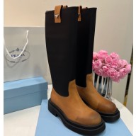 Prada Calfskin and Re-Nylon High Boots Brown 2024