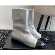 Chanel Crinkled Calfskin and Patent Black Ankle Boots Silver 2024