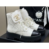Chanel Lambskin Quilting Chain CC Logo Combat Boots White 2024