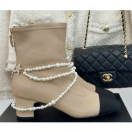 Chanel Heel 5cm Stretch Lambskin, Grosgrain, Imitation Pearls & Metal Short Boots G45794 Beige 2024