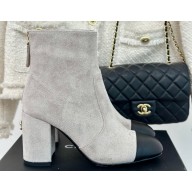 Chanel Heel 7cm Suede Calfskin & Lambskin Short Boots G45900 Gray & Black 2024