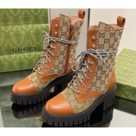Gucci Women's Lace-up Ankle Boots in GG Canvas and Leather Brown 2024