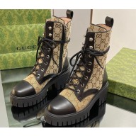 Gucci Women's Lace-up Ankle Boots in GG Canvas and Leather Black 2024