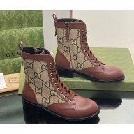Gucci Heel 4cm Women's Lace-up Ankle Boots in GG Canvas and Leather Brown 2024