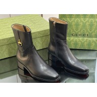 Gucci Heel 4.5cm Women's Horsebit Almond-Toe Ankle Boots in Leather Black 2024