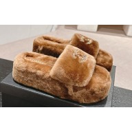 Chanel Chain CC Logo Shearling Fur Platform Mules Brown 2024