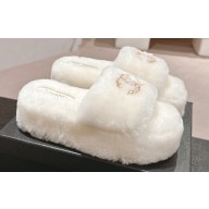 Chanel Chain CC Logo Shearling Fur Platform Mules White 2024