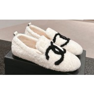 Chanel CC Logo Shearling Fur Moccasins White 2024