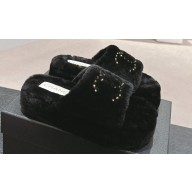 Chanel Gold Pearl CC Logo Shearling Platform Mules Black 2024
