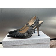 Dior heel 9.5CM J'Adior Slingback Pump IN Cotton Embroidered with Metallic Thread and Gradient Black and Gold-Tone Strass 2024