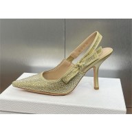 Dior heel 9.5CM J'Adior Slingback Pump IN Cotton Embroidered with Gold-Tone Metallic Thread and Strass 2024