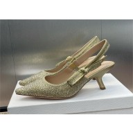 Dior heel 6.5CM J'Adior Slingback Pump IN Cotton Embroidered with Gold-Tone Metallic Thread and Strass 2024