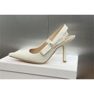Dior heel 9.5CM J'Adior Slingback Pump IN Embroidered Cotton and White Resin Pearls 2024