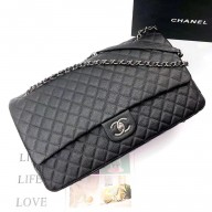 Chanel BLACK XXL classic flap bag in caviar leather with silver hardware