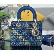 DIOR SMALL LADY DIOR BAG IN Blue Satin Embroidered with Beads 2024