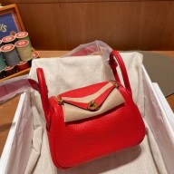 Hermes Mini Lindy 19cm Bag in original togo leather rouge de coeur with gold hardware(handmade)