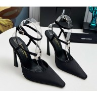 Saint Laurent Heel 11cm crystal-buckle silk slingback pumps black 2024
