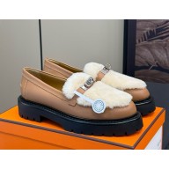 Hermes Women's Calfskin and sheepskin loafers with Kelly buckle Camel 1121-2024