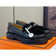 Hermes Women's Calfskin and sheepskin loafers with Kelly buckle black 1121-2024