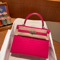 Hermes kelly 25 bag in ostrich leather rose tyrien handmade