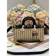 dior Medium Lady D-Joy Bag in Natural and Black Wicker and Blue Dior Oblique Jacquard 2023