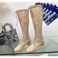 Dior Heel 3cm Naughtily-D High Boots in beige Transparent Mesh and Suede Embroidered with Dior Roses Motif 2023