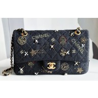 Chanel Embroidered Tweed, Strass, Glass Pearls & Gold-Tone Metal Small Classic Handbag A01113 Black 2023