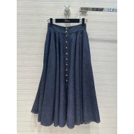 DIOR Deep Blue Cotton Denim Mid-Length Skirt with Snaps 2024