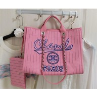 chanel Cotton, Calfskin & Silver-Tone Metal Maxi Shopping Bag A93786 Pink & Blue 2023