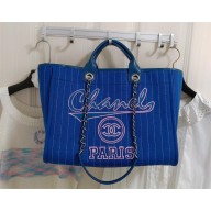 chanel Cotton, Calfskin & Silver-Tone Metal Maxi Shopping Bag A93786 blue 2023