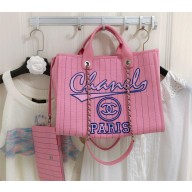 CHANEL Cotton, Calfskin & Silver-Tone Metal Black & White Large Shopping Bag A66941 pink 2023