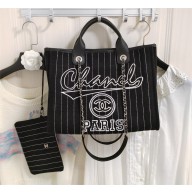 CHANEL Cotton, Calfskin & Silver-Tone Metal Black & White Large Shopping Bag A66941 black 2023