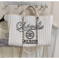 chanel Cotton, Calfskin & Silver-Tone Metal Maxi Shopping Bag A93786 white 2023
