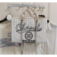 CHANEL Cotton, Calfskin & Silver-Tone Metal Black & White Large Shopping Bag A66941 white 2023