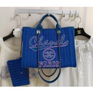 CHANEL Cotton, Calfskin & Silver-Tone Metal Black & White Large Shopping Bag A66941 blue 2023