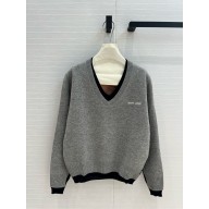 MIU MIU GRAY SILK AND CASHMERE V-NECK SWEATER 2024