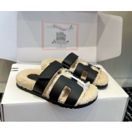 Hermès Chypre leather with shearling mules black 1028-2024