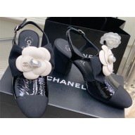 Chanel Heel 7cm Camellia and Pearl Sandals Black PATENT 2023