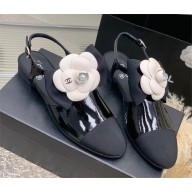 Chanel Heel 1.5cm Camellia and Pearl Sandals patent black 2023