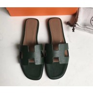 Hermes Oran Flat slippers in epsom leather dark green/brown