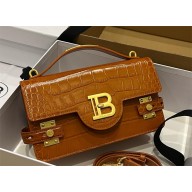 balmain b-buzz 24 shoulder bag in crocodile-embossed leather tan 2024