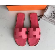Hermes Oran Flat slippers in epsom leather peach pink with brown piping