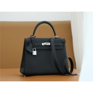 Hermes Kelly 25cm Bag noir in togo leather With silver Hardware (full handmade)